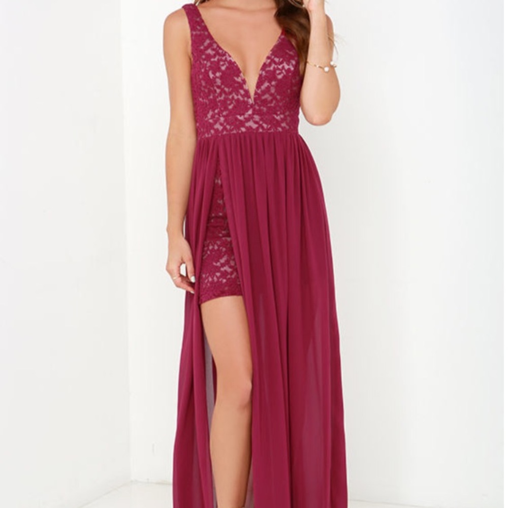 Lulu's Red Plunge Maxi Gown with Slit